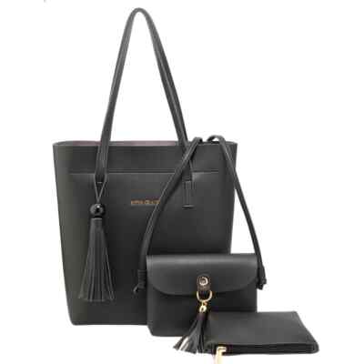 Damen 3tlg Kunstleder Handtasche Schultertasche + Umhängetasche + Geldbeutel Geschenkset