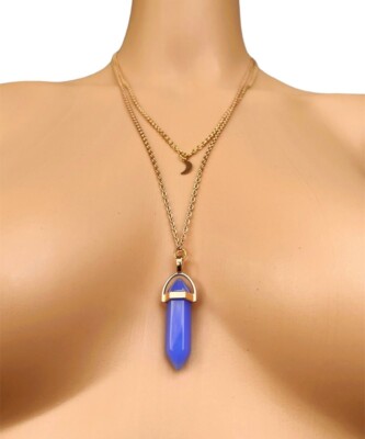 Gold-Tone Periwinkle Blue Hexagonal-shaped Chalcedony Layered Pendant Necklace