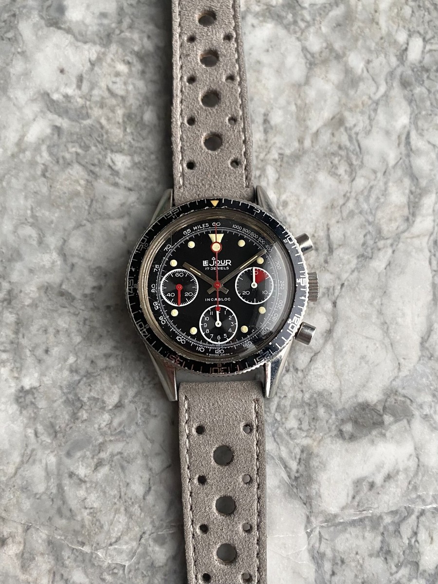 Vintage Le Jour 1970s Chronograph Manual Wind Glossy Black Dial