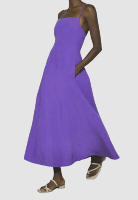 chinese dress ladies Lavender Cotton Linen V-Neck Midi Pinafore Dress 36