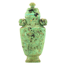 Chinese Guangxu Vase Cover Hardstone Archaic Green Beast Mask Handles Qing 19thC Chinese Guangxu Vase Cover Hardstone Archaic Green Beast Mask Handles Qing 19thC - Image 1