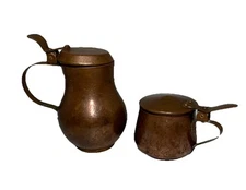 Vintage Two Copper Lidded Containers 1 Cream & 1 Sugar Etched Designs