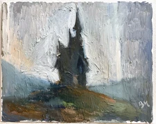 Gothic Surrealism American Landscape Church In Rain Oil On Canvas 16x20 Original