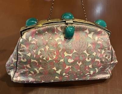 Antique 1920s Art Deco French Silk Brocade Evening Bag Jade Green Cabochon Frame