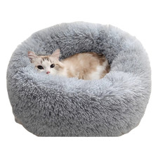 Grey Cozy Donut Long Plush Cat  Dog Calming Bed Diameter 50cm 