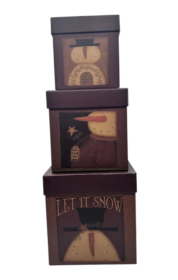 3 Vtg Snowman Stacking Nesting Boxes Blossom Bucket Primitive Folk Art Christmas - Image 3 of 4