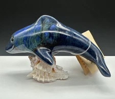 Pacific Ceramics Hawaii Blue Dolphin Sculpture On Seashells Crafted by Artisans
