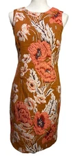 Ann Taylor Brown Gold Floral Sleeveless Midi Dress Thick, Embossed Size 4