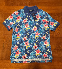 New Chaps Floral Tropical Hawaiian Polo Blue Men's Small