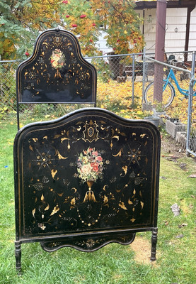 Exquisite French Antique Louis XV Painted Wrought-iron Mother Of Pearl Inlay Bed