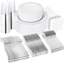 400pcs Silver Plastic Dinnerware Set Heavy Duty Disposable Plates IncludeSilver