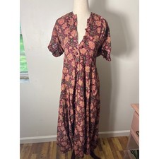 Vintage Leslie Fay Floral Button Front Midi Dress Burgundy Rayon Shoulder Pad 12