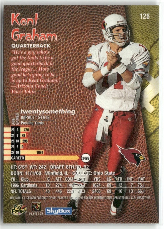 1997 SKYBOX IMPACT KENT GRAHAM ARIZONA CARDINALS #126 - Image 2 of 3