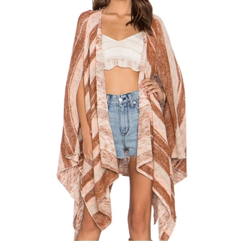 FREE PEOPLE womens Boho Brown and Cream Striped Poncho size SP