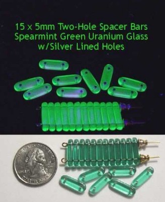 20 Pcs Of 15 x 5mm TWO HOLE Bars Czech Spearmint Green VASELINE/URANIUM GLASS