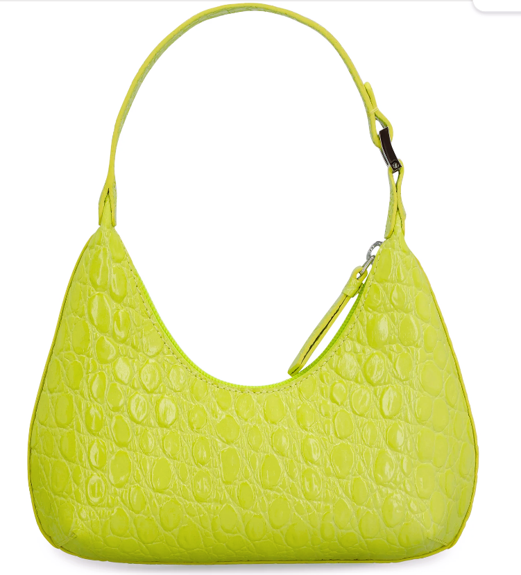 BY FAR Baby Amber Croc Embossed Leather Shoulder Bag Acid Green/Yellow  RRP£425