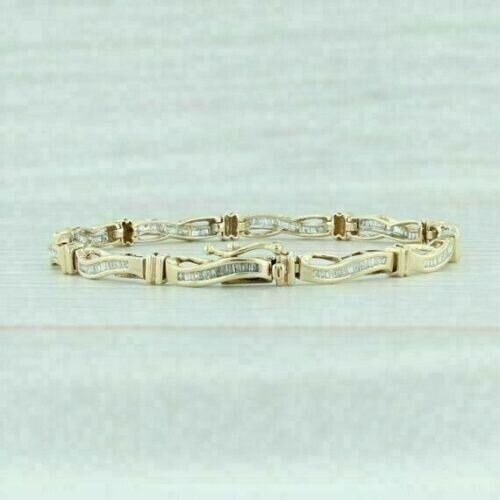 Women Solid 14k Yellow Gold Over 6.93Ct Baguette Cut Diamond Tennis 7" Bracelet - Picture 1 of 4