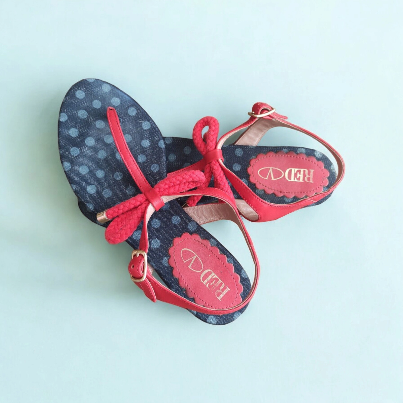 Red valentino Sandals Low Polka Dot & Cord Laces Leather Red Size It 37 thumbnail 2