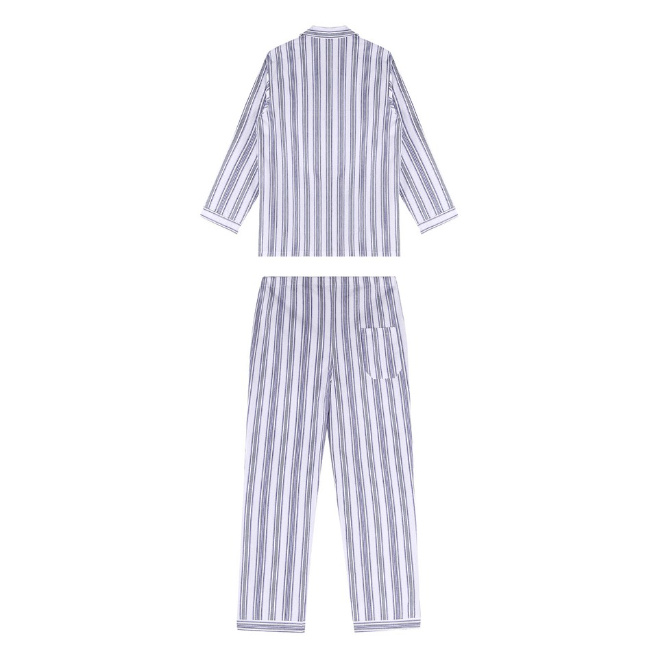 Mens Cotton Pajamas Pyjamas PJs Long Sleeve Shirt Tops + Pants Set Sleepwear - White/Blue - L