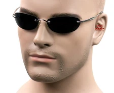 Small Rimless Oval Neo Matrix Style Sunglasses Metal Super Dark Mirror MT84