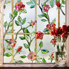  Stained Glass Window Privacy Film:3D Rose Bathroom 16.9 x 39.4IN Red