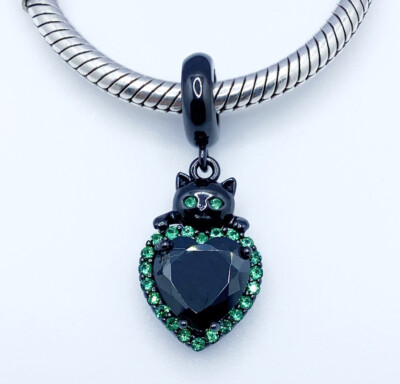 Schwarze Katze Hänger Charm Liebe Herz Kätzchen Haustier Echt 925 Sterling Silber  