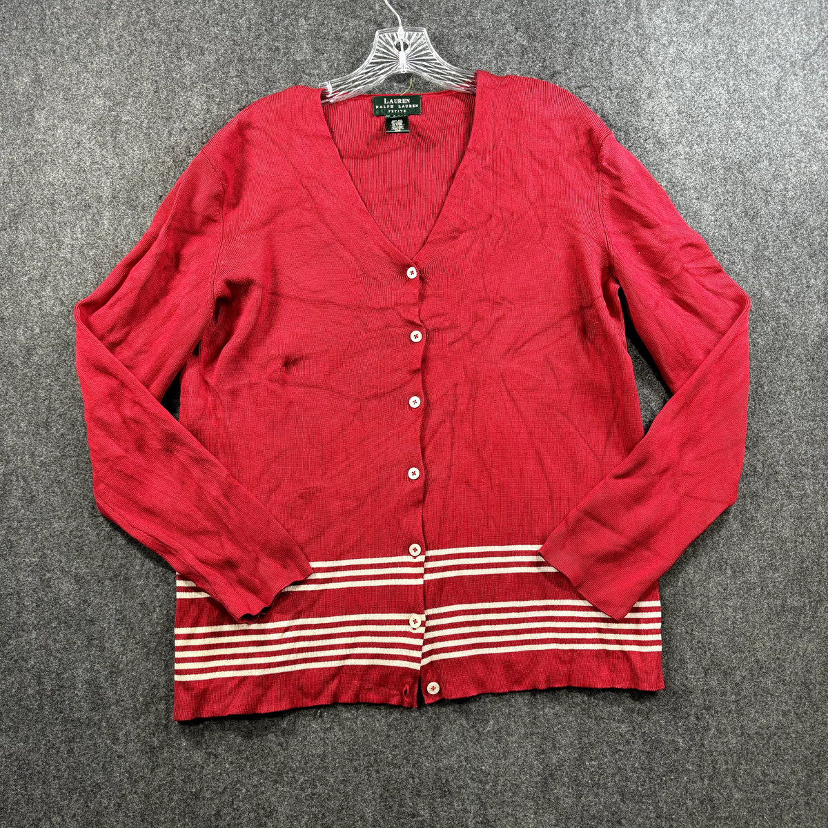 Ralph Lauren Cardigan Women's Large Petite Red Ivory Striped Silk