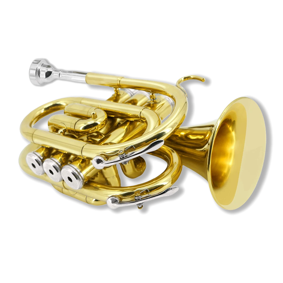 Trompeta de bolsillo Bb de latón lacado trompeta amarilla boquilla 7C, estuche rígido, correa Foto 3 de 4