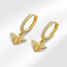 Gold Honey Bee Pave Cubic Zirconia Drop Dangle Hoop Earrings