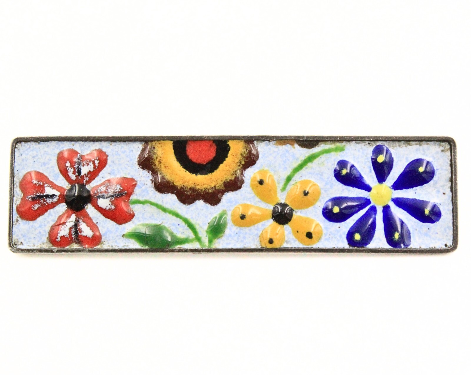 Antique Rectangular German Silver Multi Color Ena… - image 1