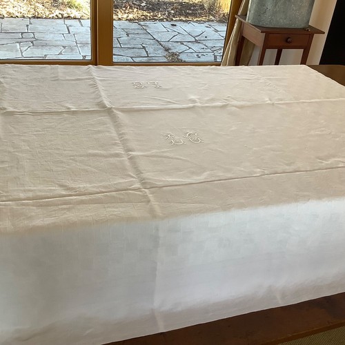 Antique Tablecloth French Damask Linen Double Monogram LG 68" X 76" - Picture 10 of 15
