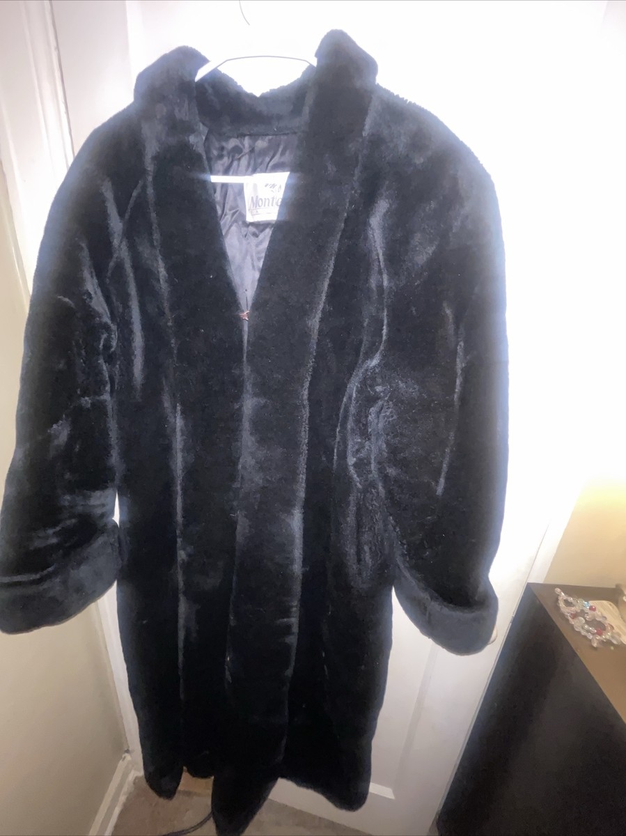 Womens Vintage Monterey Fashions Long Faux Fur Cuffed Coat Black