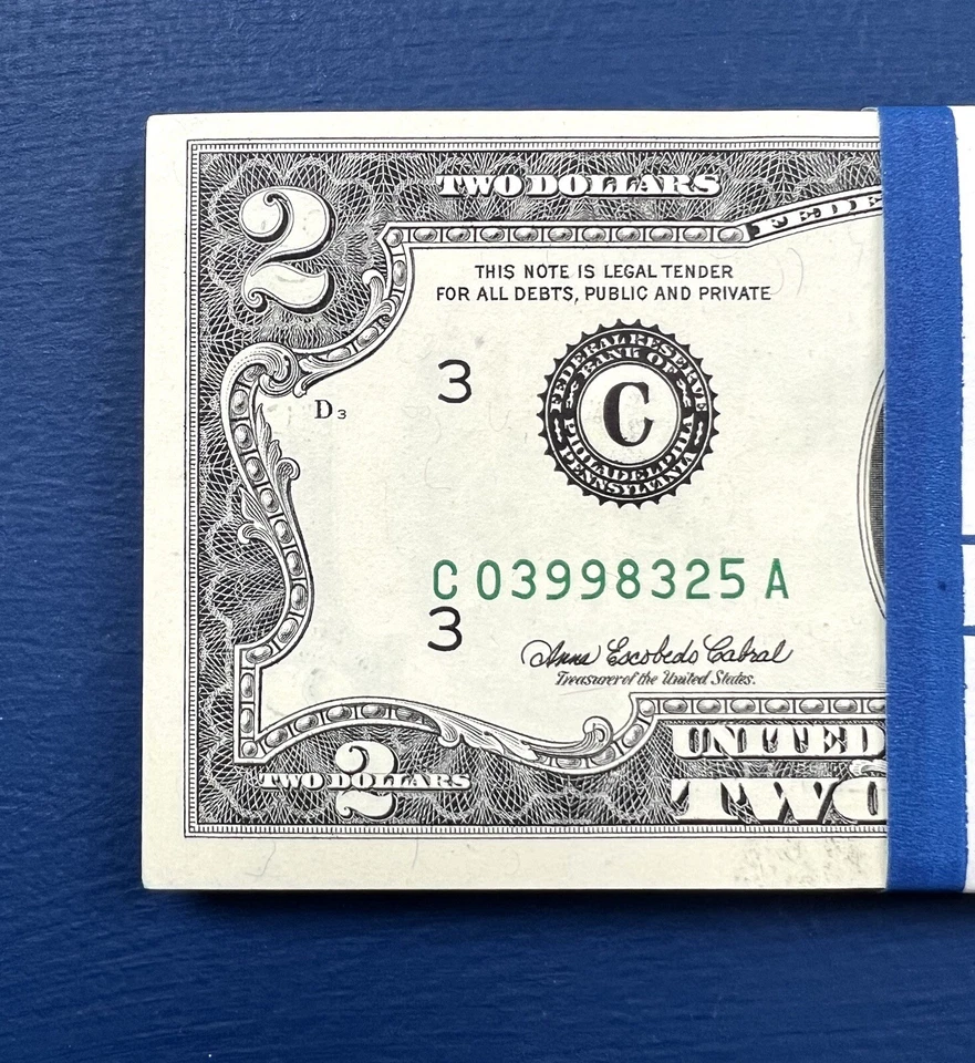 (50) FR. 1938-C 2003A $2 Two Dollar FRN Philadelphia Cabral Snow $100 Strap UNC - Image 2 of 4