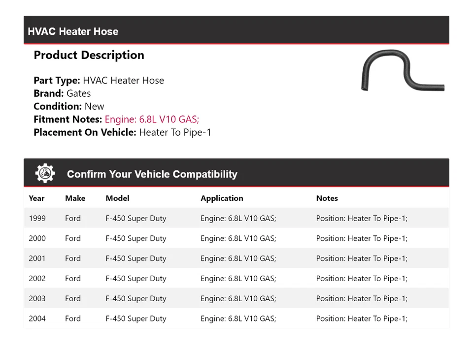 For 1999-2004 Ford F-450 Super Duty HVAC Heater Hose Heater To Pipe-1 Gates 2000 - Image 2 of 4