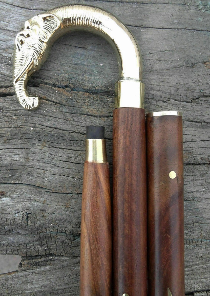 Canne De Marche Vintage En Bois Avec Poignée En Laiton En Forme De Tête D'éléphant – Fabrication Artisanale