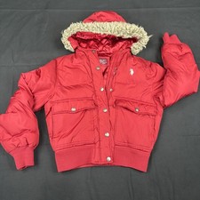 U.S. Polo Assn. Jacket Youth Small Red Hooded Puffer Bomber Faux Fur Trim Winter