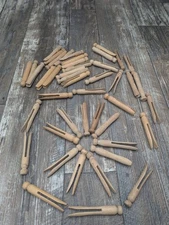  Wooden Clothes Pins Round Head Flat Top Lot Of 45  Crafts, Vintage Patina Clean