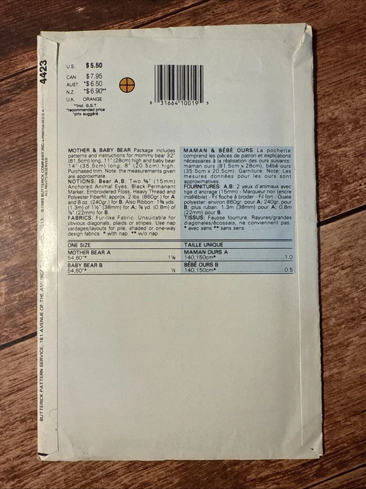 Vintage 1989 Butterick 4423 Our Sleeptime Bears ~ Mother & Baby Bear ~ Uncut - Image 2 of 3