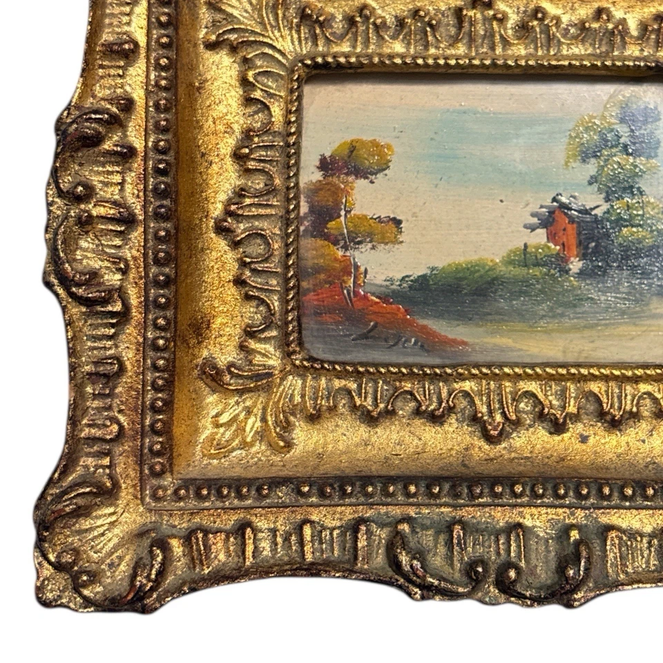 Pintura al óleo de paisaje italiano en miniatura marco dorado -firmado aire acondicionado - Hecho en Italia Foto 4 de 4