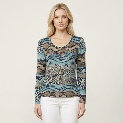 Annabelle Womens Multi Print Puff Sleeve Top Size Medium Soft Stretch Knit