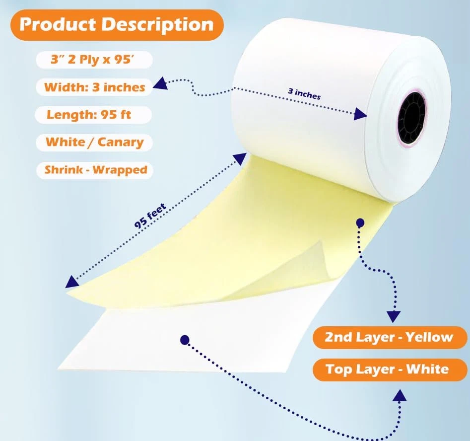 (32 rollos) 2 capas rollos sin carbono 3" X 95 pies blanco/amarillo papel de recibo POS aprox Foto 3 de 4
