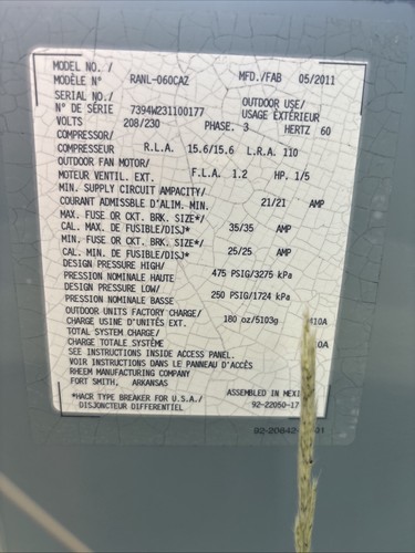 Rheem 13 SEER 5-Ton 3 Phase Stage Residential Air Conditioner Condenser RANL-060