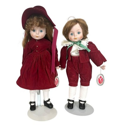 Delton Product Corp Christmas Porcelain Doll Set Boy Girl Red Velvet 14 