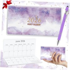 2026 Pocket Calendar for Purse with Pen Small Pocket Planner Purple Watercolor