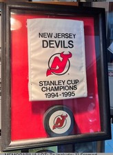 New Jersey Devils Stanley Cup Pennant And Signed Puck Randy McRae Shadowbox
