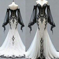 White Gothic Wedding Dresses Cap Sleeve Black Lace Mermaid Bohemain Bridal Gowns