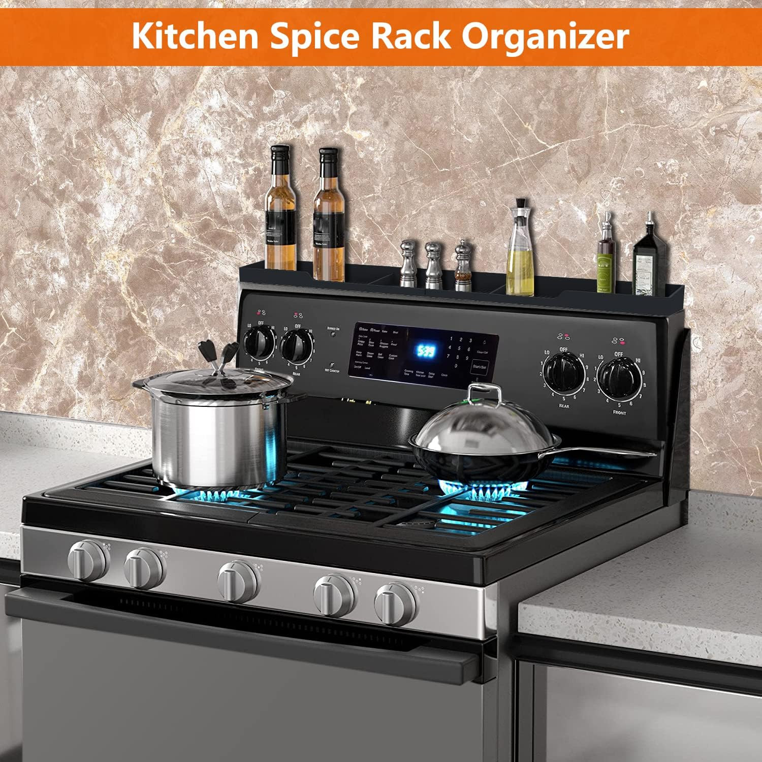 30" Stove Top Magnetic Shelf Silicone Spice Rack Organizer Black Kitchen