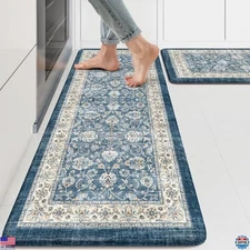 KIMODE Boho Blue Anti-Fatigue Kitchen Mats Set - Non-Slip Waterproof Memory Foam