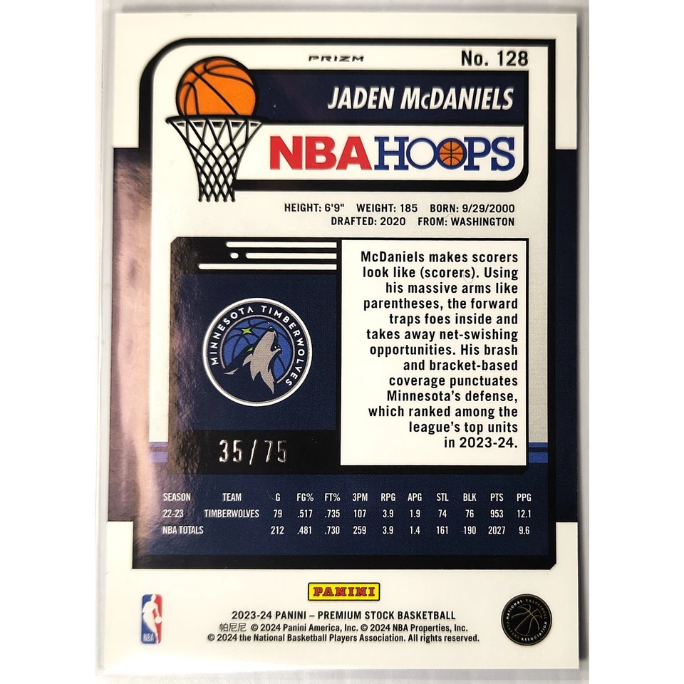 2023-24 NBA Hoops Premium Stock JADEN MCDANIELS #128 Blue Pulsar Prizm 35/75 - Image 2 of 2