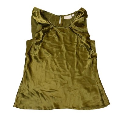 Kenar Olive Green 100% Silk Ruffle Neck Sleeveless Blouse Top Small